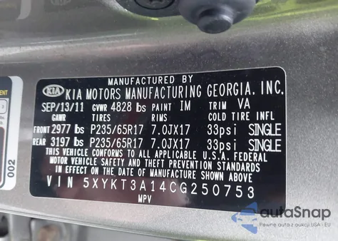 2012 Kia Sorento Lx from USA, damaged, VIN 5XYKT3A14CG250753